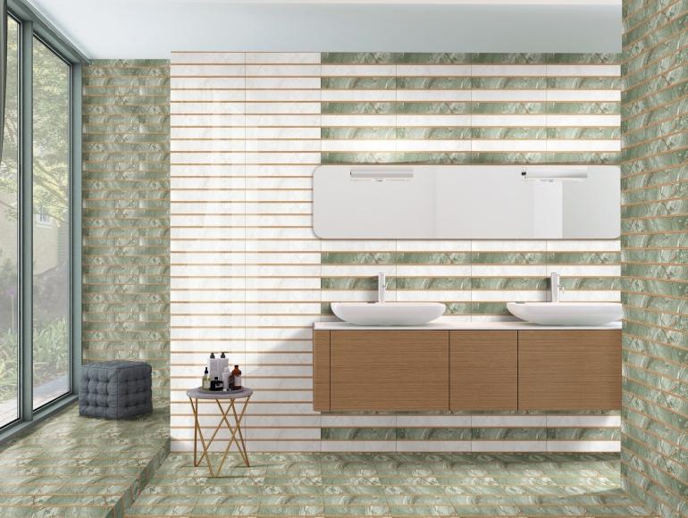 Green bathroom design with striped wall tiles, large window, and natural lighting.
